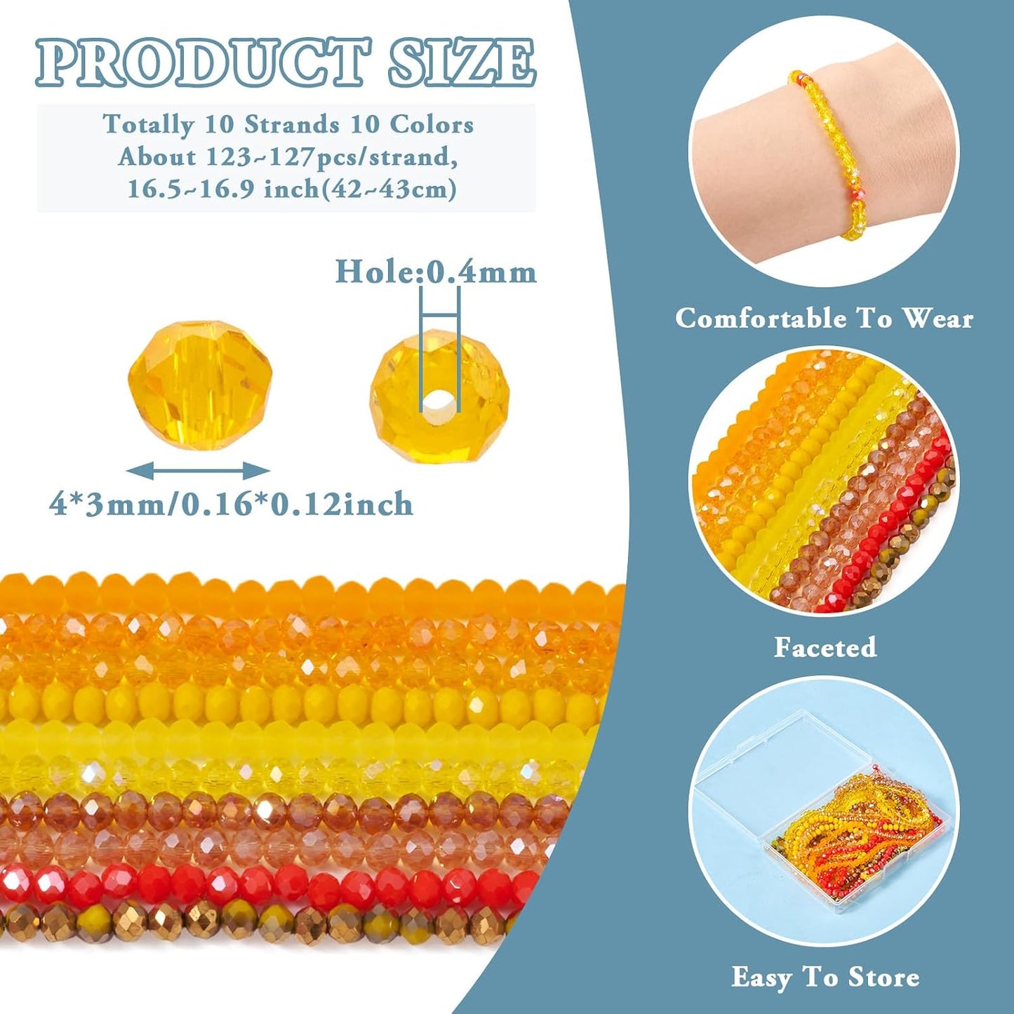 Beadthoven 1270pcs 4mm Faceted Rondelle Glass Beads Bulk Yellow Orange Briolette Crystal Glass Beads Tiny Gemstone Strand Loose Beads for Bracelet Necklace Earring Jewelry Making Supplies