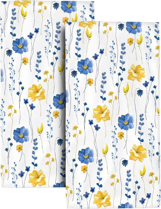 Watercolor Floral Decorative Bathroom Hand Towels Set of 2, Absorbent Royal Blue Yellow Flower Bath Hand Towels for Bathroom,Housewarming Gifts for New Home Women