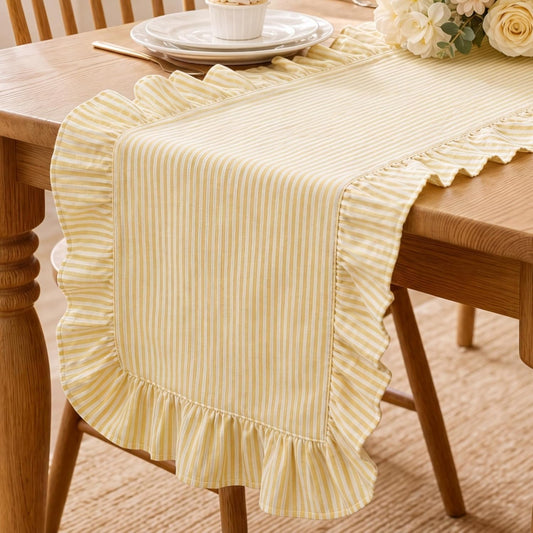 Yellow Stripe Ruffled Table Runner 72 Inches Long Scalloped Table Runner Rustic Cotton Tabletop Farmhouse Decor for Baby Shower Bride Shower Birthday Party Holiday Wedding