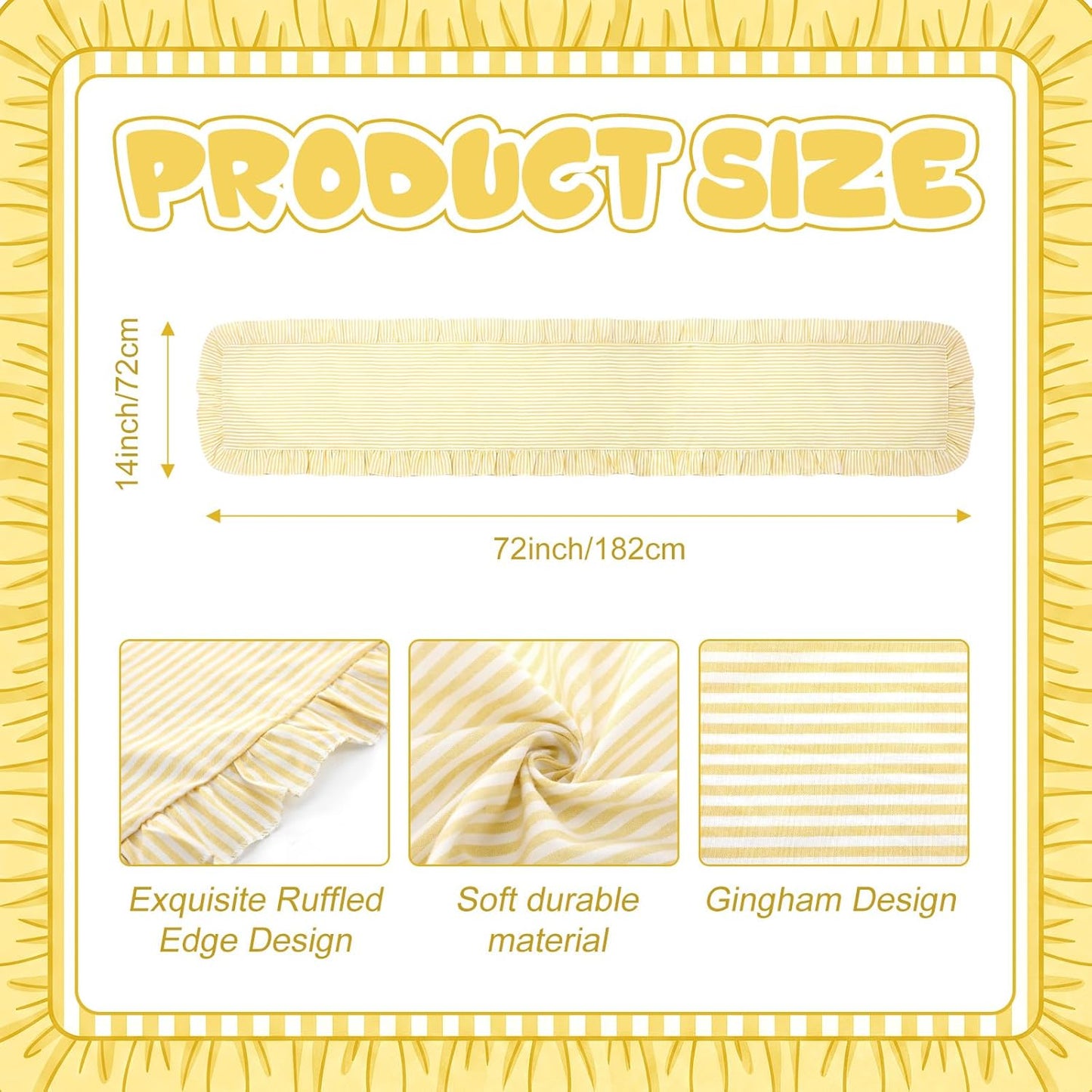 Yellow Stripe Ruffled Table Runner 72 Inches Long Scalloped Table Runner Rustic Cotton Tabletop Farmhouse Decor for Baby Shower Bride Shower Birthday Party Holiday Wedding