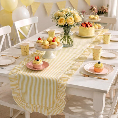 Yellow Stripe Ruffled Table Runner 72 Inches Long Scalloped Table Runner Rustic Cotton Tabletop Farmhouse Decor for Baby Shower Bride Shower Birthday Party Holiday Wedding