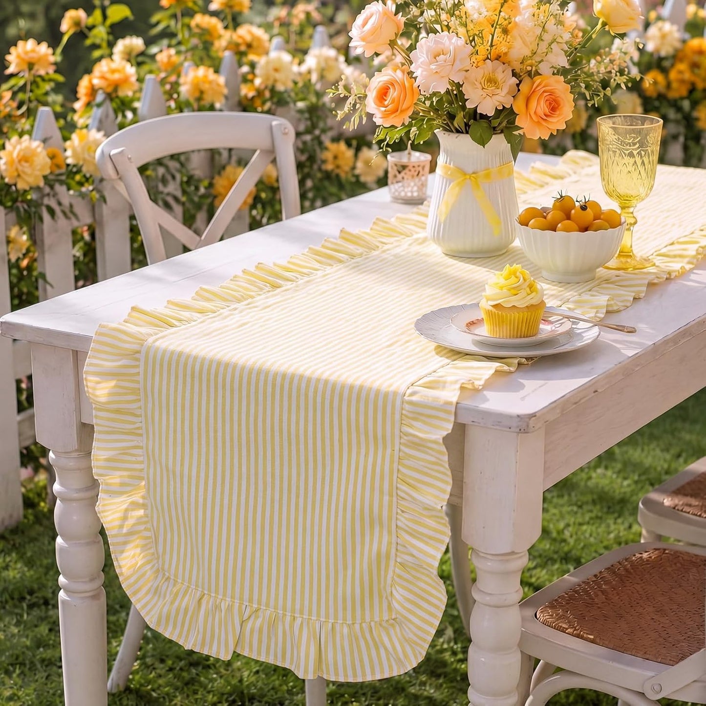 Yellow Stripe Ruffled Table Runner 72 Inches Long Scalloped Table Runner Rustic Cotton Tabletop Farmhouse Decor for Baby Shower Bride Shower Birthday Party Holiday Wedding