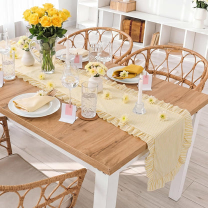 Yellow Stripe Ruffled Table Runner 72 Inches Long Scalloped Table Runner Rustic Cotton Tabletop Farmhouse Decor for Baby Shower Bride Shower Birthday Party Holiday Wedding