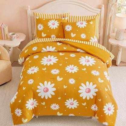 Twin XL Comforter Set for Girls, Mustard Yellow Daisy Bedding Set with Cute Heart, All Season Kids Bed in a Bag Dorm 5 Pieces with Sheets, Pillowcase & Sham