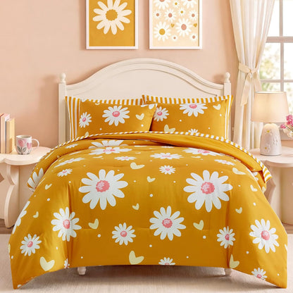 Twin XL Comforter Set for Girls, Mustard Yellow Daisy Bedding Set with Cute Heart, All Season Kids Bed in a Bag Dorm 5 Pieces with Sheets, Pillowcase & Sham