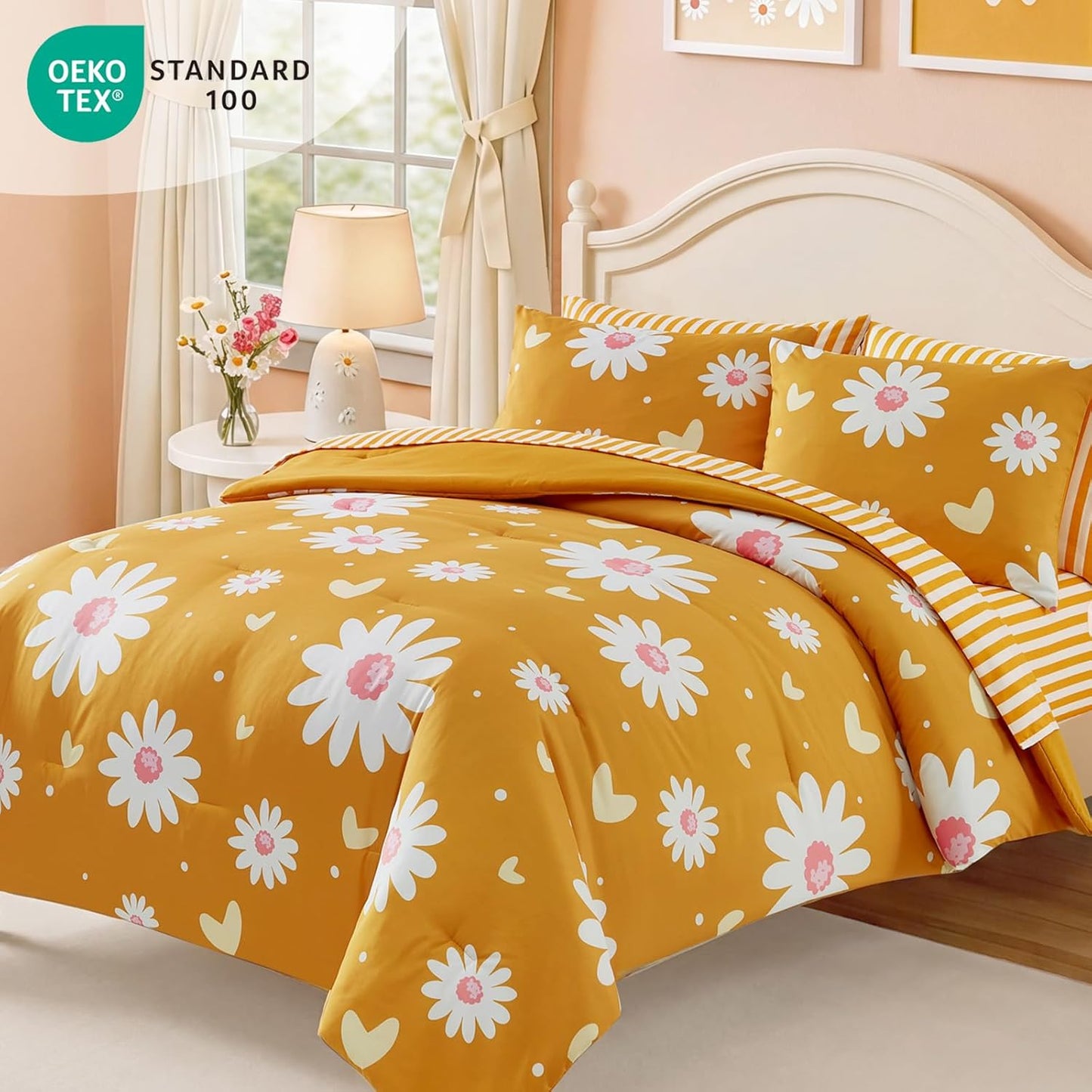 Twin XL Comforter Set for Girls, Mustard Yellow Daisy Bedding Set with Cute Heart, All Season Kids Bed in a Bag Dorm 5 Pieces with Sheets, Pillowcase & Sham