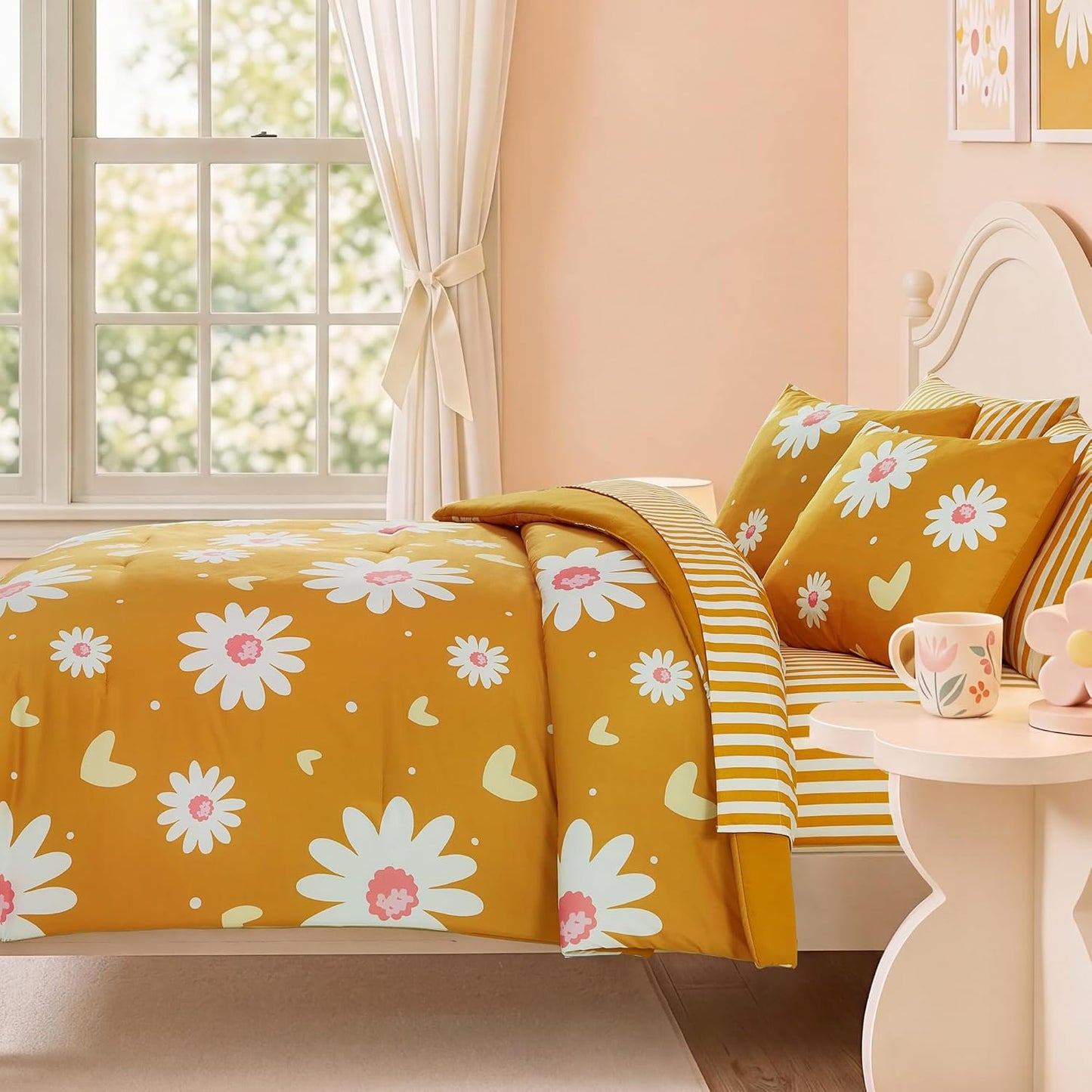 Twin XL Comforter Set for Girls, Mustard Yellow Daisy Bedding Set with Cute Heart, All Season Kids Bed in a Bag Dorm 5 Pieces with Sheets, Pillowcase & Sham