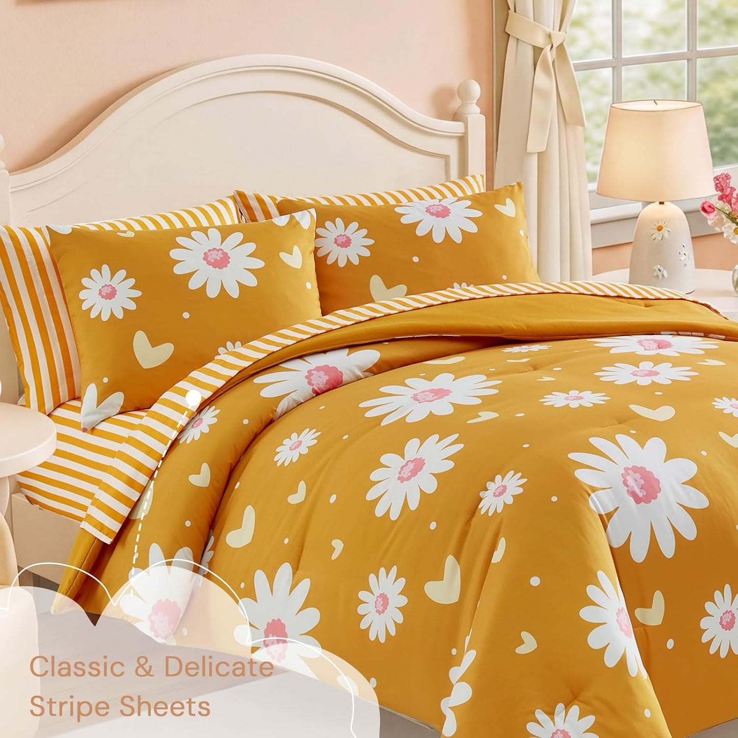 Twin XL Comforter Set for Girls, Mustard Yellow Daisy Bedding Set with Cute Heart, All Season Kids Bed in a Bag Dorm 5 Pieces with Sheets, Pillowcase & Sham