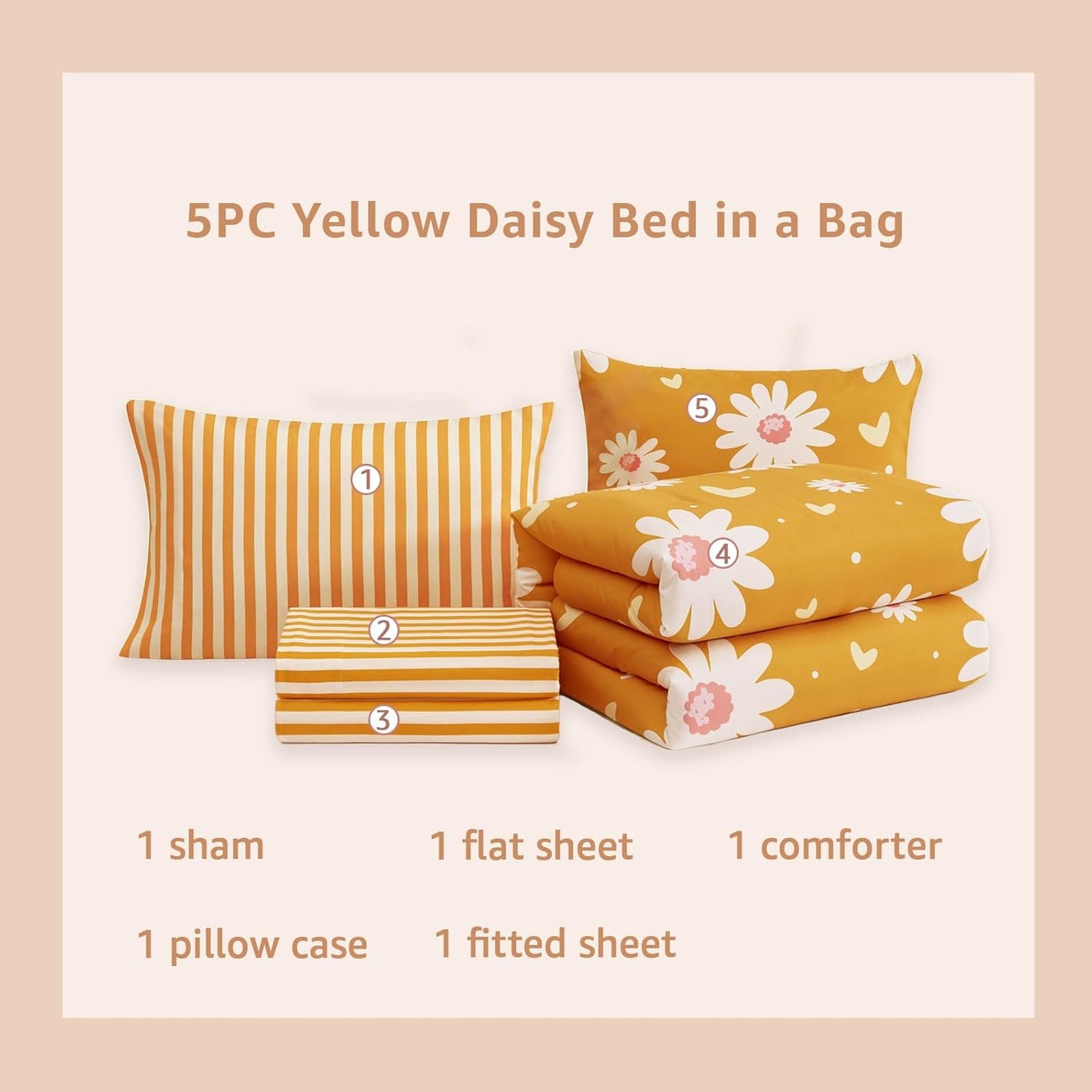 Twin XL Comforter Set for Girls, Mustard Yellow Daisy Bedding Set with Cute Heart, All Season Kids Bed in a Bag Dorm 5 Pieces with Sheets, Pillowcase & Sham