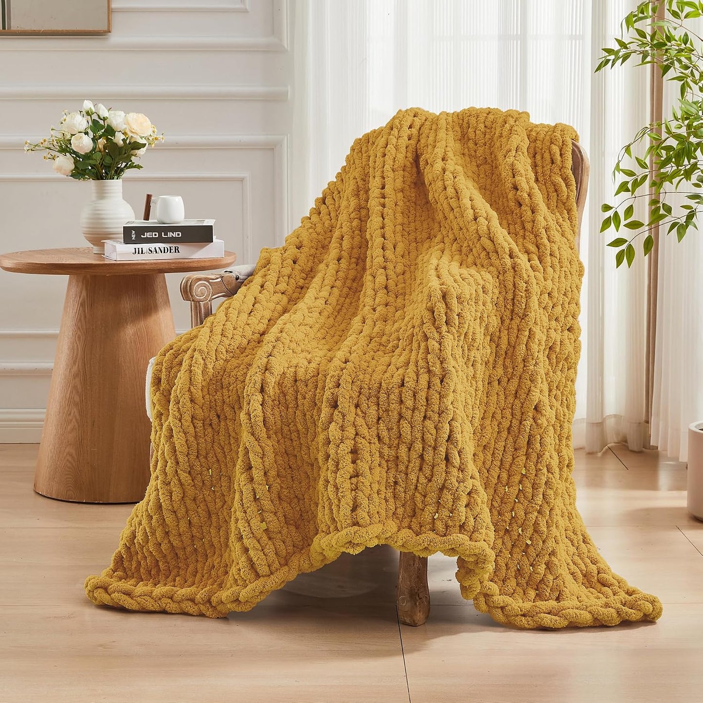 Chunky Knit Throw Blanket 50" X 60", 100% Hand Made Large Chenille Loop Yarn Soft Fluffy Throws for Couch Sofa Bed, Big Crochet Cozy Heavy Thick Cable Woven Blanket, Yellow