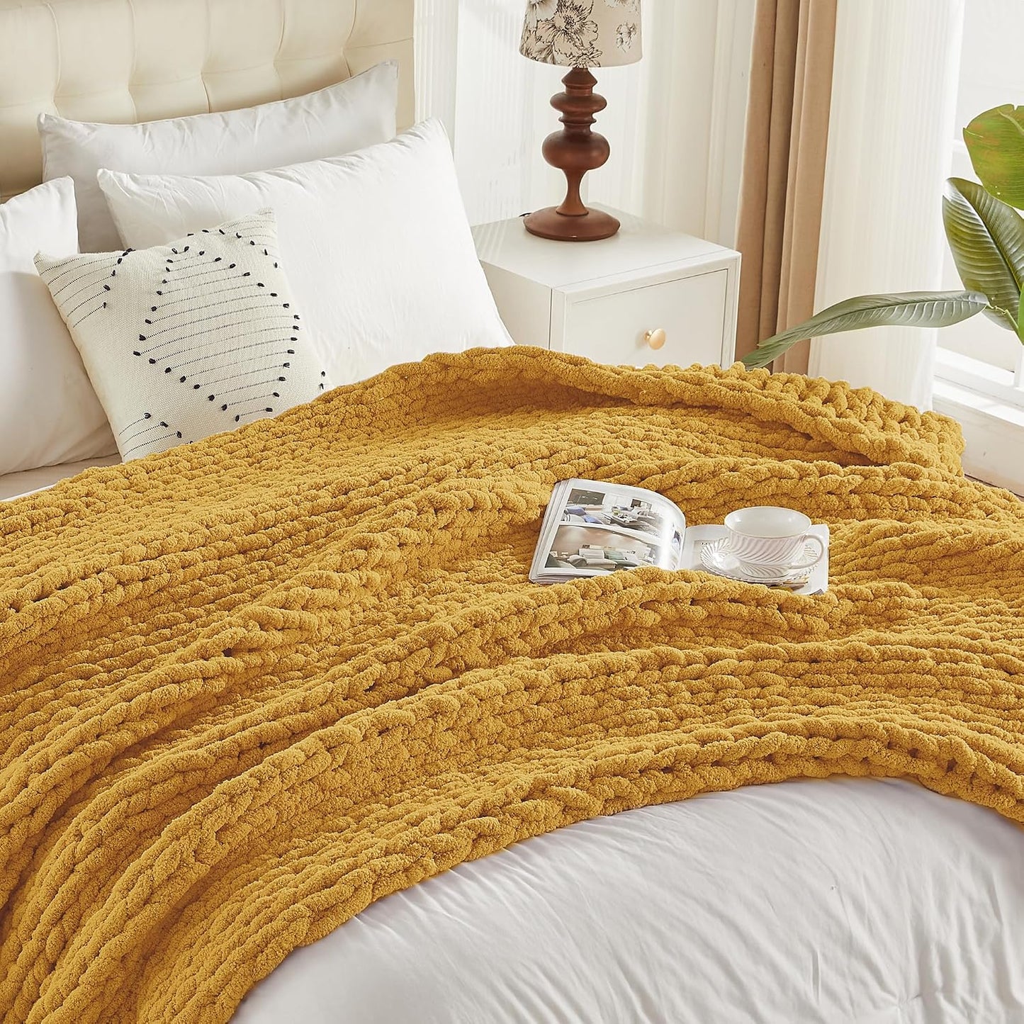 Chunky Knit Throw Blanket 50" X 60", 100% Hand Made Large Chenille Loop Yarn Soft Fluffy Throws for Couch Sofa Bed, Big Crochet Cozy Heavy Thick Cable Woven Blanket, Yellow