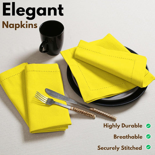Easter Spring Cloth Napkins, 100% Cotton, Set of 12, Hemstitch Corners, 18x18 inch, Soft, Durable, Reusable, Premium Hotel Quality - Events, Wedding, Table, Dinner Napkins - Lemon Yellow