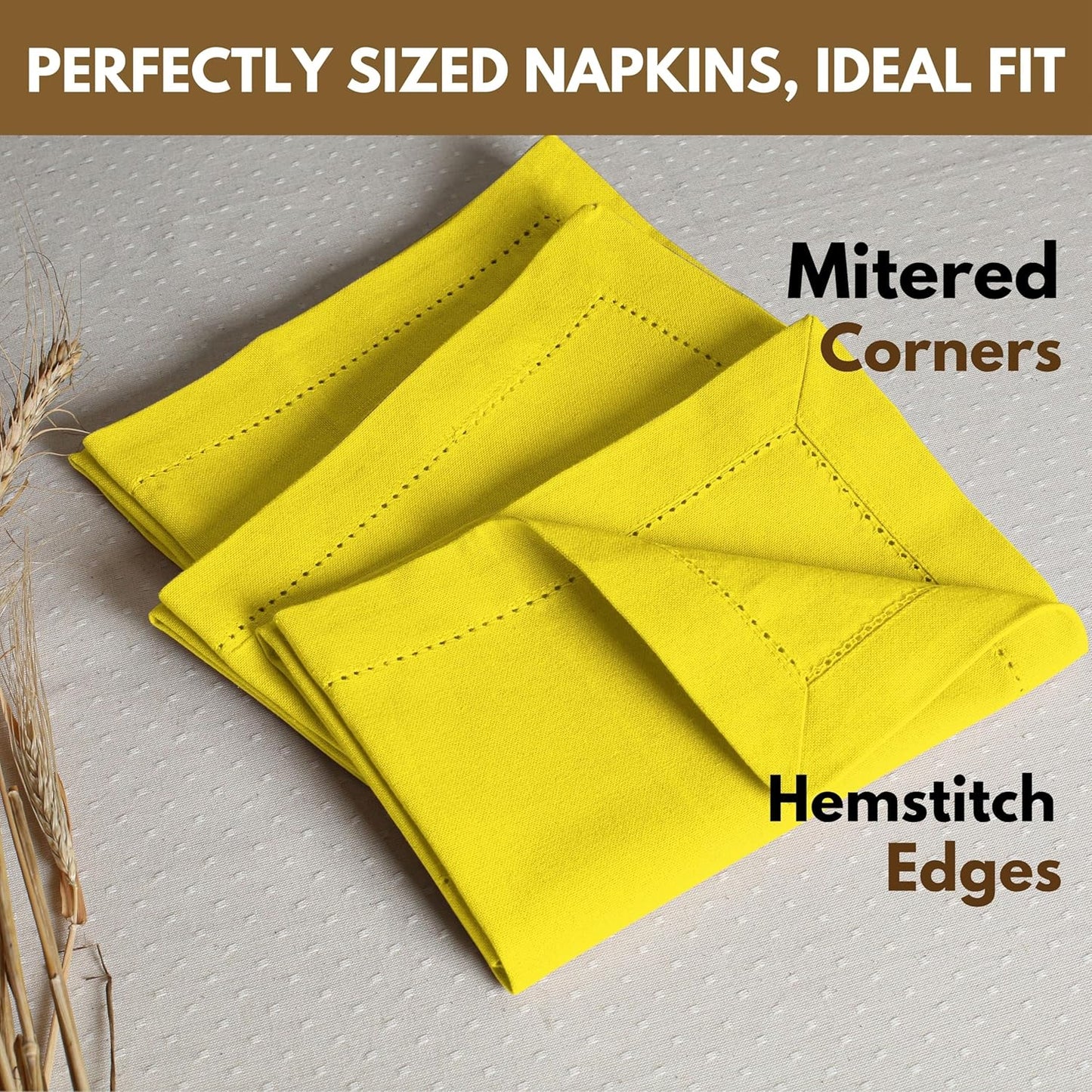 Easter Spring Cloth Napkins, 100% Cotton, Set of 12, Hemstitch Corners, 18x18 inch, Soft, Durable, Reusable, Premium Hotel Quality - Events, Wedding, Table, Dinner Napkins - Lemon Yellow