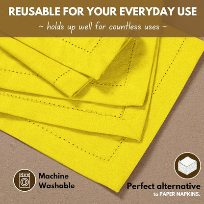 Easter Spring Cloth Napkins, 100% Cotton, Set of 12, Hemstitch Corners, 18x18 inch, Soft, Durable, Reusable, Premium Hotel Quality - Events, Wedding, Table, Dinner Napkins - Lemon Yellow