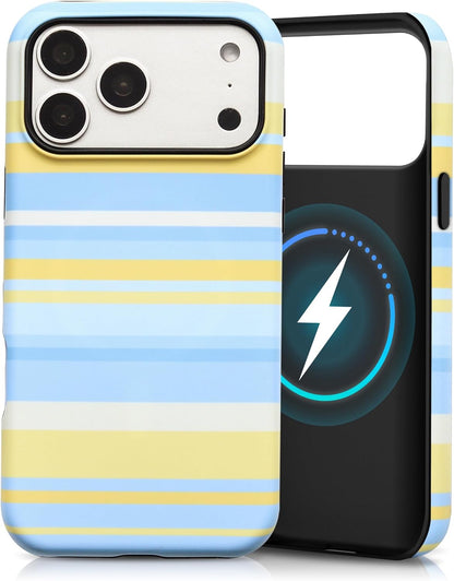 for iPhone 17 Pro Case, Magnetic Matte Frosted Dual-Layer Striped Phone Case for Women, Retro Aesthetic Cover Compatible with Mag Safe Accessories - Sea Salt Lemon