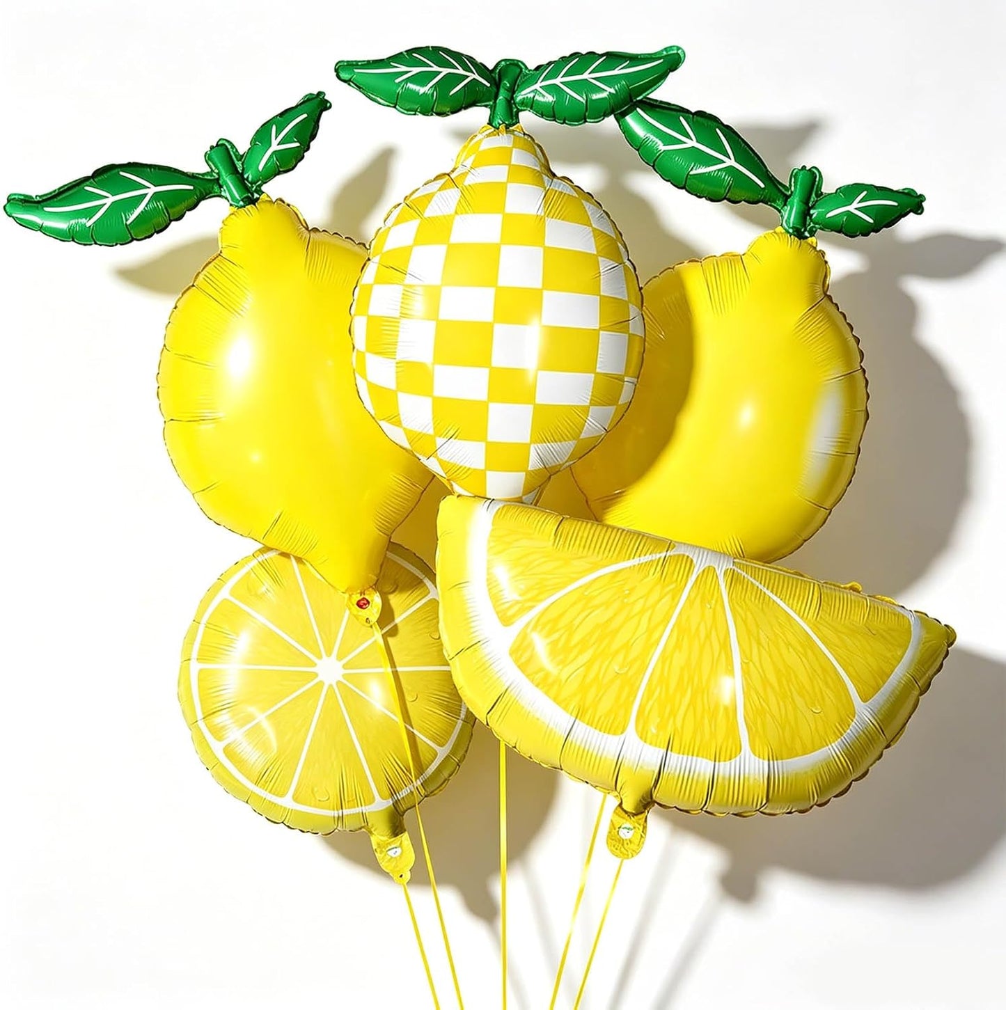 Lemon Foil Balloons 5 Pack, 25" Assorted Fruit Shaped Mylar Balloons (Solid, Plaid, Lemon Slice & Wedge), She Found Her Main Squeeze Bridal Shower Freshly Graduated Summer Party Supplies