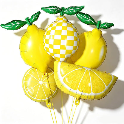 Lemon Foil Balloons 5 Pack, 25" Assorted Fruit Shaped Mylar Balloons (Solid, Plaid, Lemon Slice & Wedge), She Found Her Main Squeeze Bridal Shower Freshly Graduated Summer Party Supplies