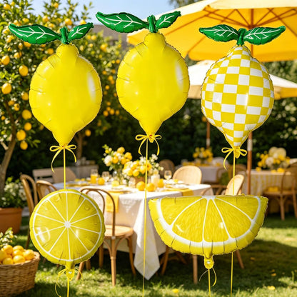 Lemon Foil Balloons 5 Pack, 25" Assorted Fruit Shaped Mylar Balloons (Solid, Plaid, Lemon Slice & Wedge), She Found Her Main Squeeze Bridal Shower Freshly Graduated Summer Party Supplies