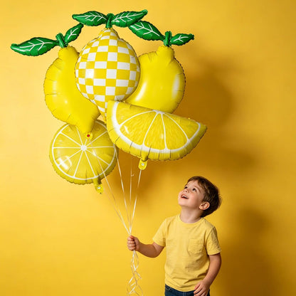 Lemon Foil Balloons 5 Pack, 25" Assorted Fruit Shaped Mylar Balloons (Solid, Plaid, Lemon Slice & Wedge), She Found Her Main Squeeze Bridal Shower Freshly Graduated Summer Party Supplies
