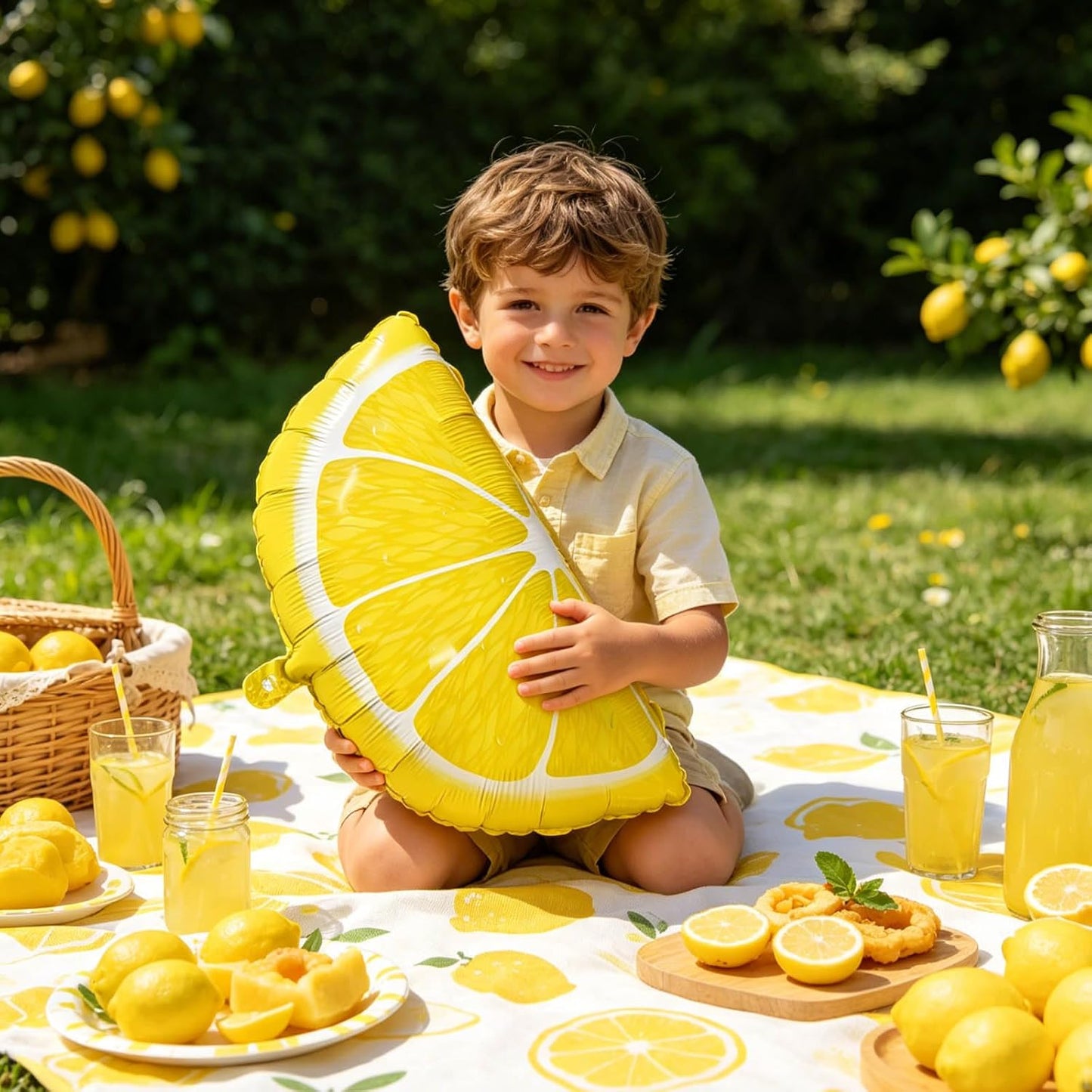 Lemon Foil Balloons 5 Pack, 25" Assorted Fruit Shaped Mylar Balloons (Solid, Plaid, Lemon Slice & Wedge), She Found Her Main Squeeze Bridal Shower Freshly Graduated Summer Party Supplies
