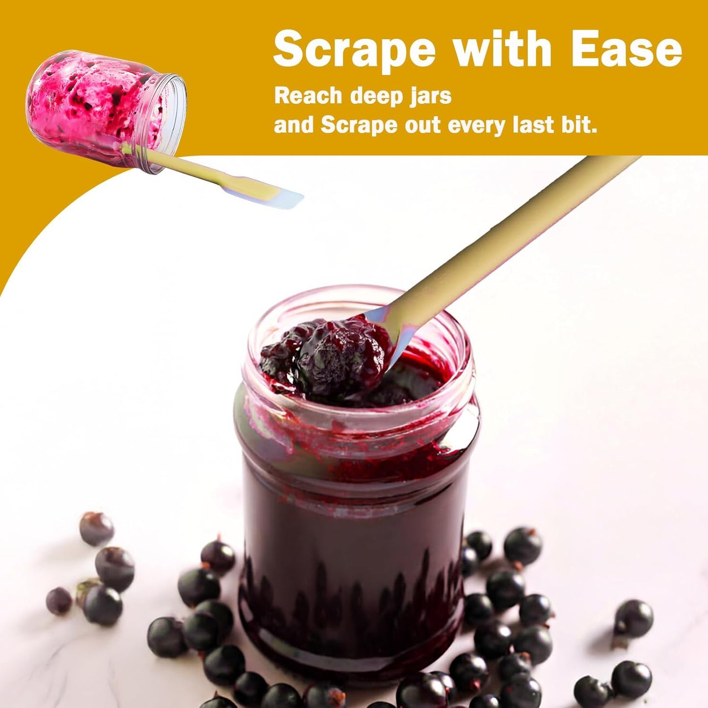 Jar Scraper Set of 3, Long Handle Silicone Spatula Spoon for Deep Jars | Three Sizes for Different Jars, Dual-Ended Design, Measuring Marks, Jam & Jelly Spreading