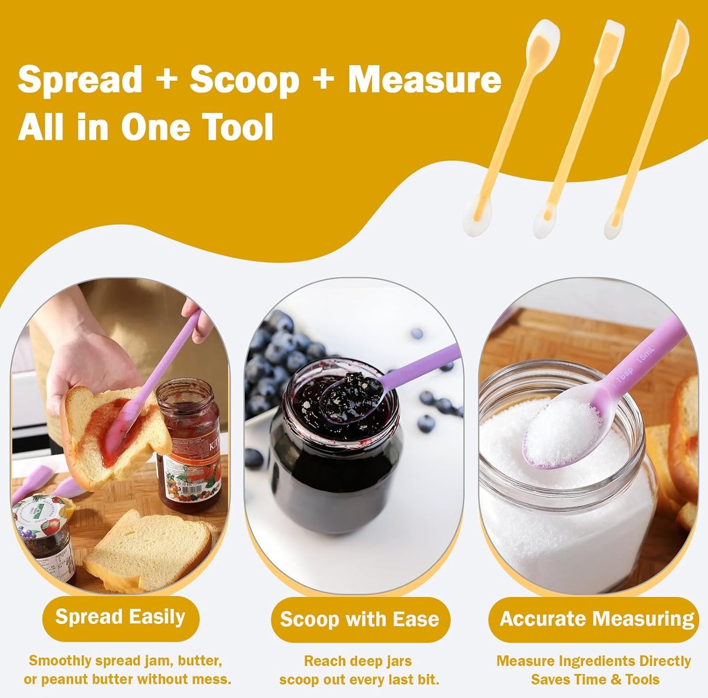 Jar Scraper Set of 3, Long Handle Silicone Spatula Spoon for Deep Jars | Three Sizes for Different Jars, Dual-Ended Design, Measuring Marks, Jam & Jelly Spreading