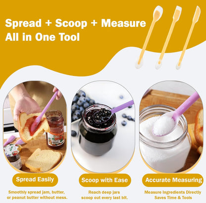 Jar Scraper Set of 3, Long Handle Silicone Spatula Spoon for Deep Jars | Three Sizes for Different Jars, Dual-Ended Design, Measuring Marks, Jam & Jelly Spreading