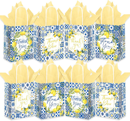 12PCS Lemon Party Favor Gift Bags with Tissue Paper, Mediterranean Blue Tile Thank You Goodie Treat Bags for Summer Party Bridal Shower Baby Shower Decorations Supplies