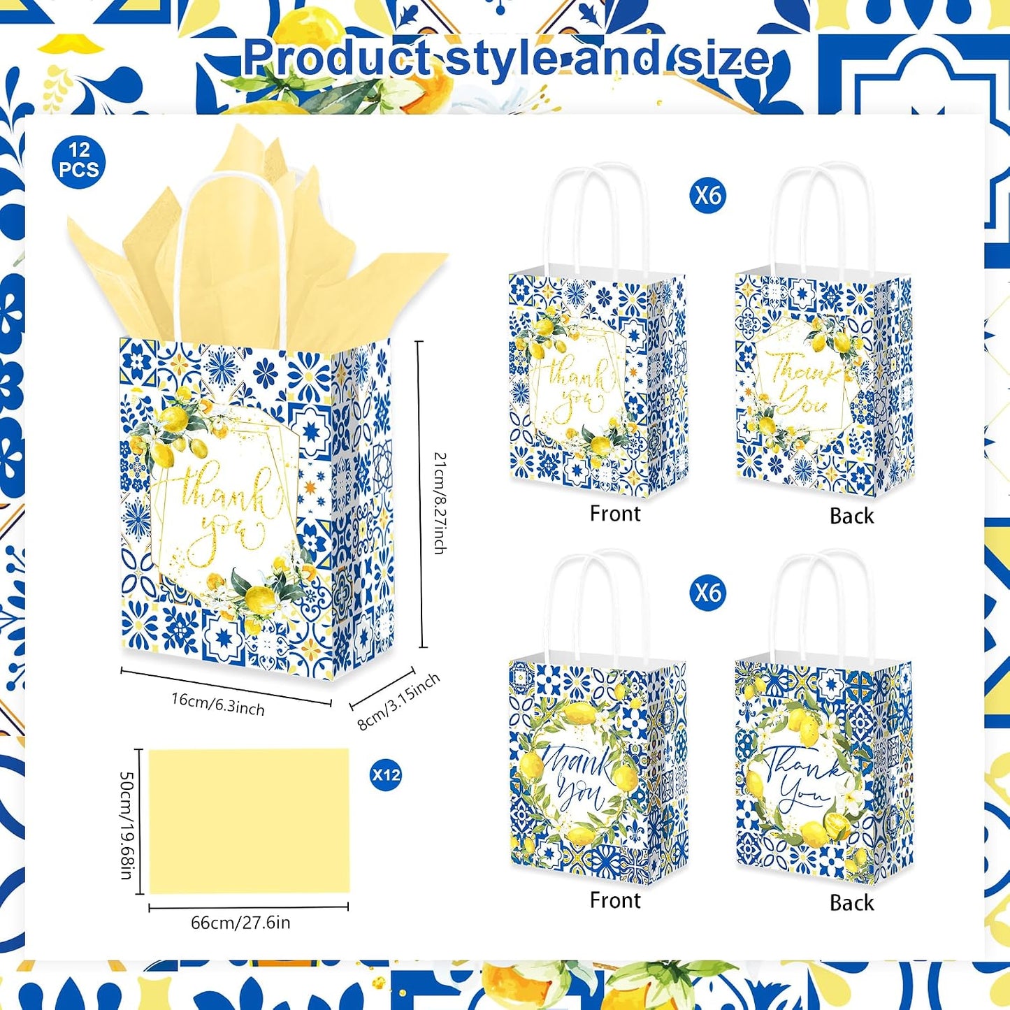 12PCS Lemon Party Favor Gift Bags with Tissue Paper, Mediterranean Blue Tile Thank You Goodie Treat Bags for Summer Party Bridal Shower Baby Shower Decorations Supplies