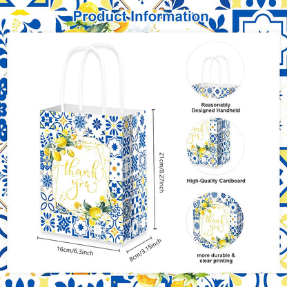 12PCS Lemon Party Favor Gift Bags with Tissue Paper, Mediterranean Blue Tile Thank You Goodie Treat Bags for Summer Party Bridal Shower Baby Shower Decorations Supplies