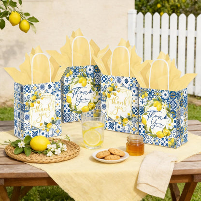 12PCS Lemon Party Favor Gift Bags with Tissue Paper, Mediterranean Blue Tile Thank You Goodie Treat Bags for Summer Party Bridal Shower Baby Shower Decorations Supplies