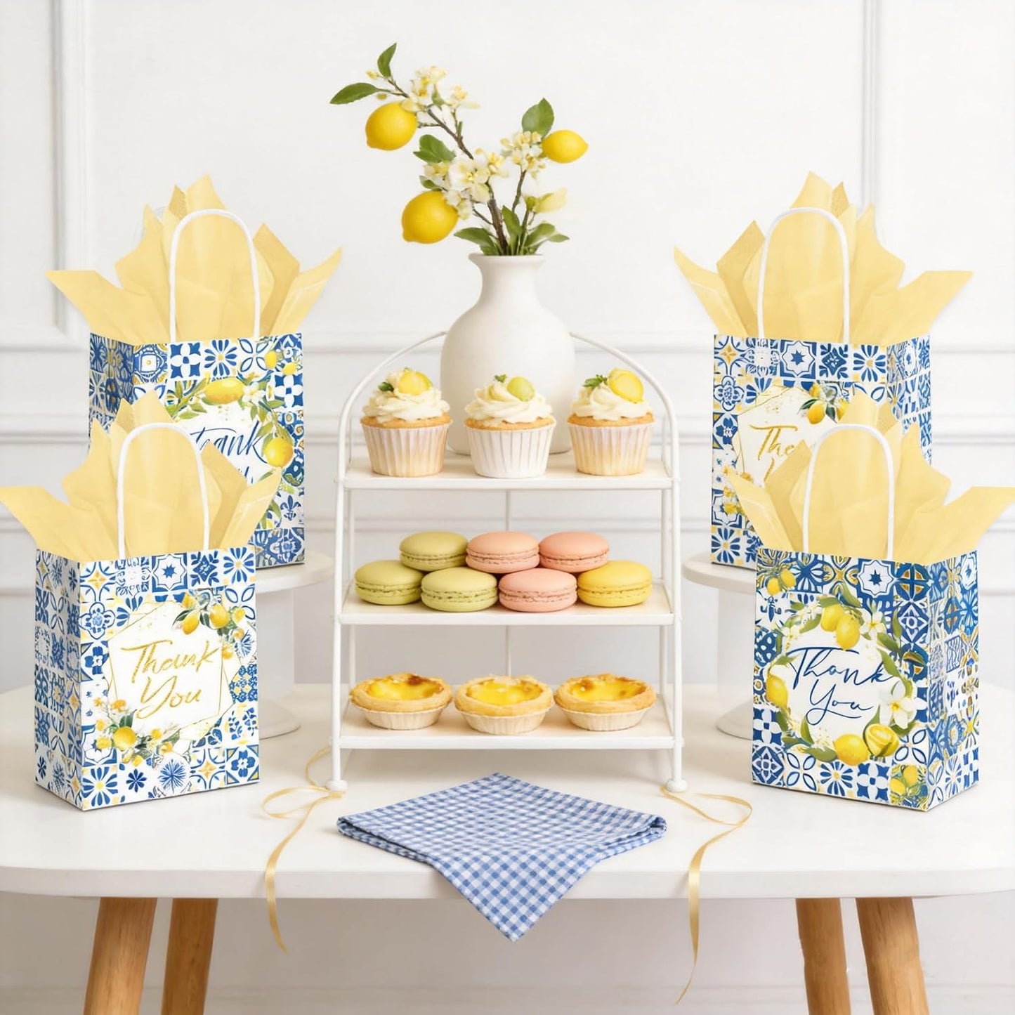 12PCS Lemon Party Favor Gift Bags with Tissue Paper, Mediterranean Blue Tile Thank You Goodie Treat Bags for Summer Party Bridal Shower Baby Shower Decorations Supplies