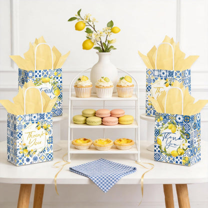 12PCS Lemon Party Favor Gift Bags with Tissue Paper, Mediterranean Blue Tile Thank You Goodie Treat Bags for Summer Party Bridal Shower Baby Shower Decorations Supplies