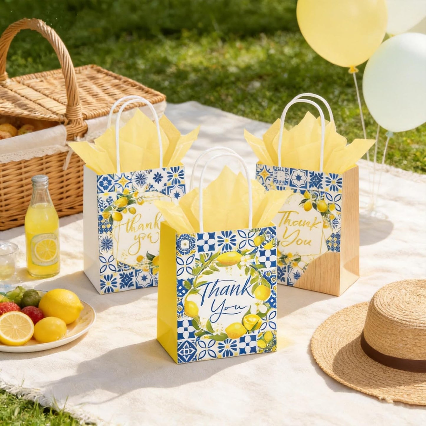 12PCS Lemon Party Favor Gift Bags with Tissue Paper, Mediterranean Blue Tile Thank You Goodie Treat Bags for Summer Party Bridal Shower Baby Shower Decorations Supplies