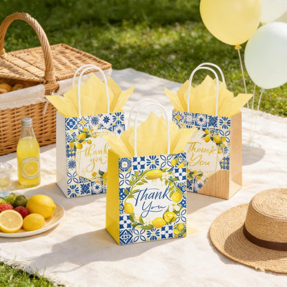 12PCS Lemon Party Favor Gift Bags with Tissue Paper, Mediterranean Blue Tile Thank You Goodie Treat Bags for Summer Party Bridal Shower Baby Shower Decorations Supplies