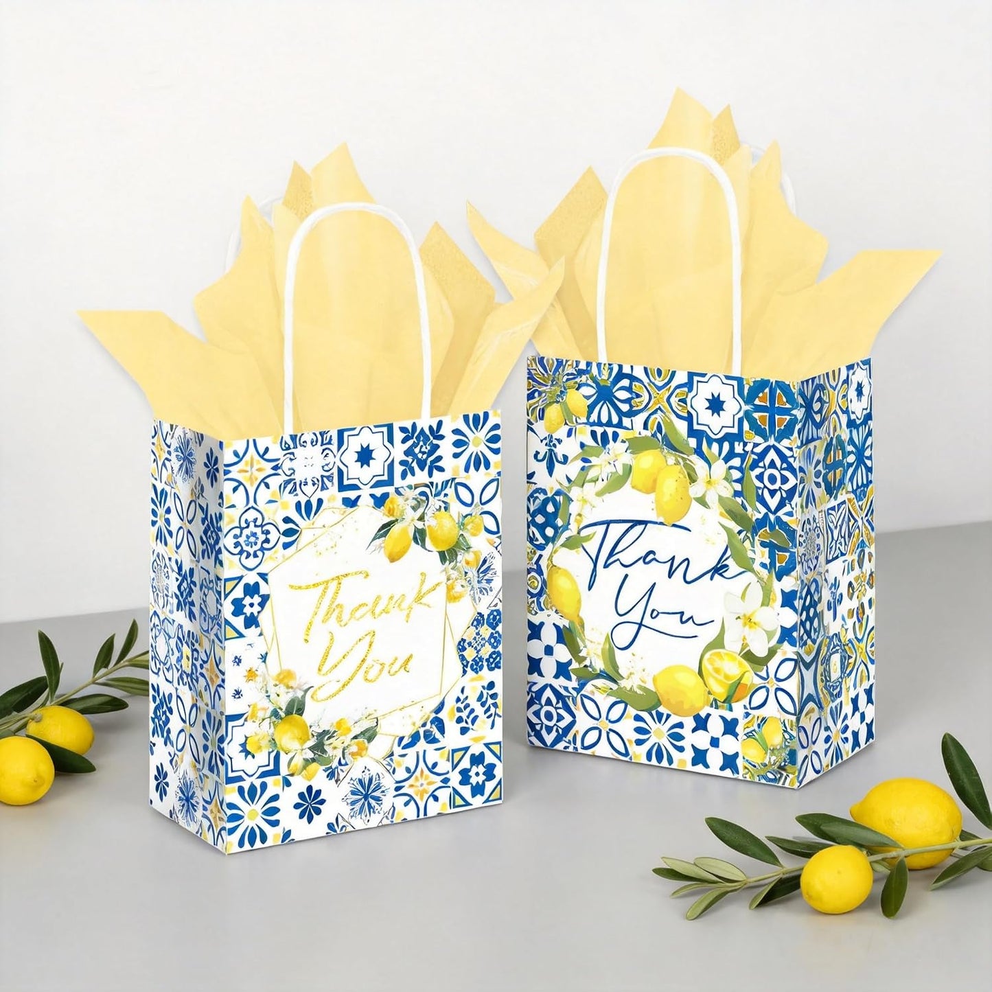 12PCS Lemon Party Favor Gift Bags with Tissue Paper, Mediterranean Blue Tile Thank You Goodie Treat Bags for Summer Party Bridal Shower Baby Shower Decorations Supplies