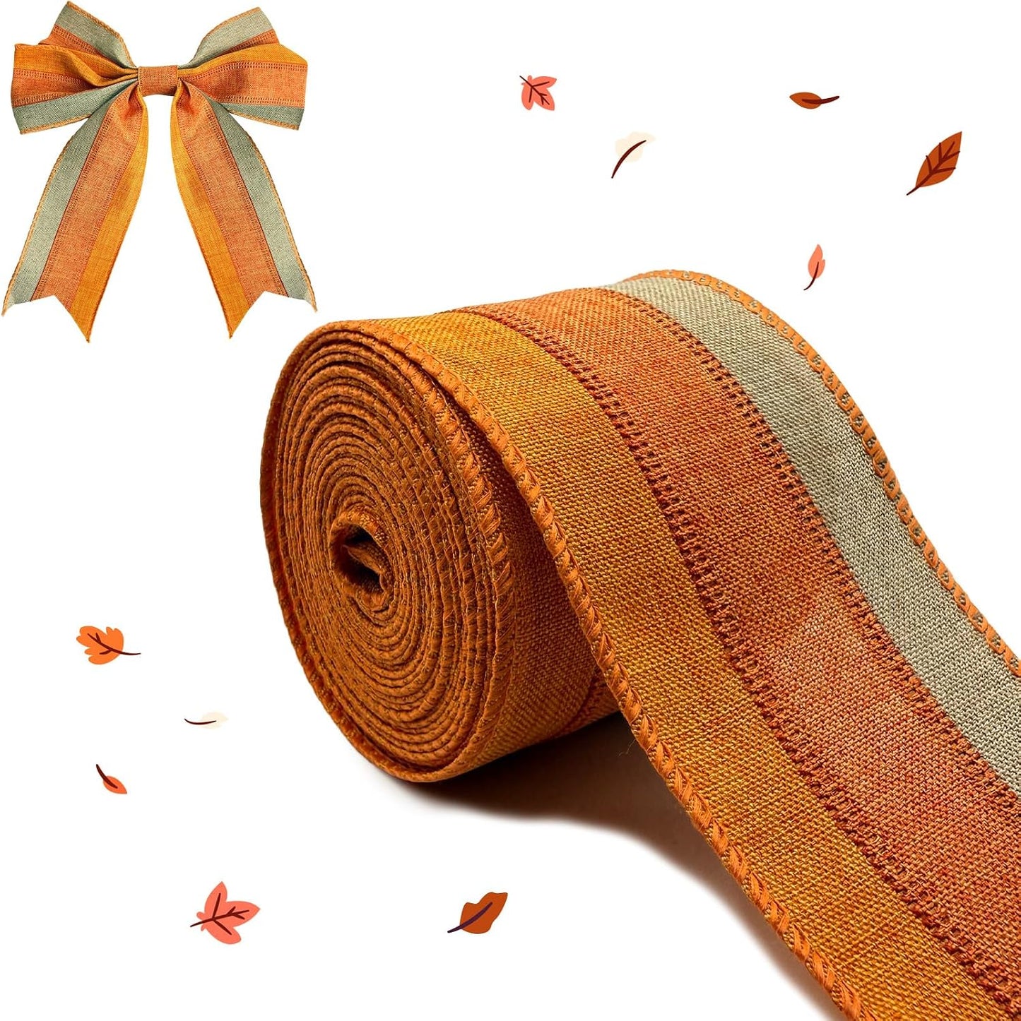 Burlap Orange Yellow Ribbon Wired, Stripe Edged Ribbon for Fall Decoration | Party Supplies Wreath Bows Making DIY Crafts Gifts Wrapping Home Thanksgiving Party Decor, 10 Yards x 2.5 Inch