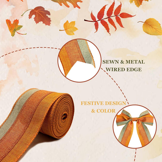 Burlap Orange Yellow Ribbon Wired, Stripe Edged Ribbon for Fall Decoration | Party Supplies Wreath Bows Making DIY Crafts Gifts Wrapping Home Thanksgiving Party Decor, 10 Yards x 2.5 Inch