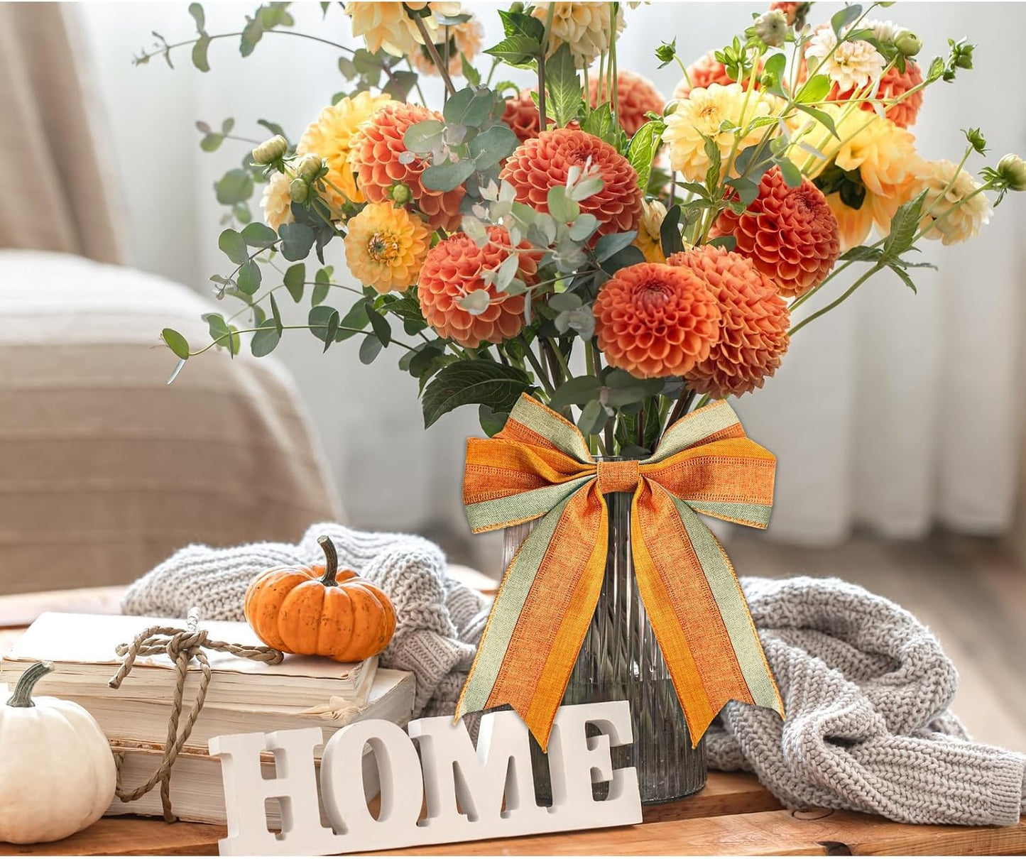 Burlap Orange Yellow Ribbon Wired, Stripe Edged Ribbon for Fall Decoration | Party Supplies Wreath Bows Making DIY Crafts Gifts Wrapping Home Thanksgiving Party Decor, 10 Yards x 2.5 Inch