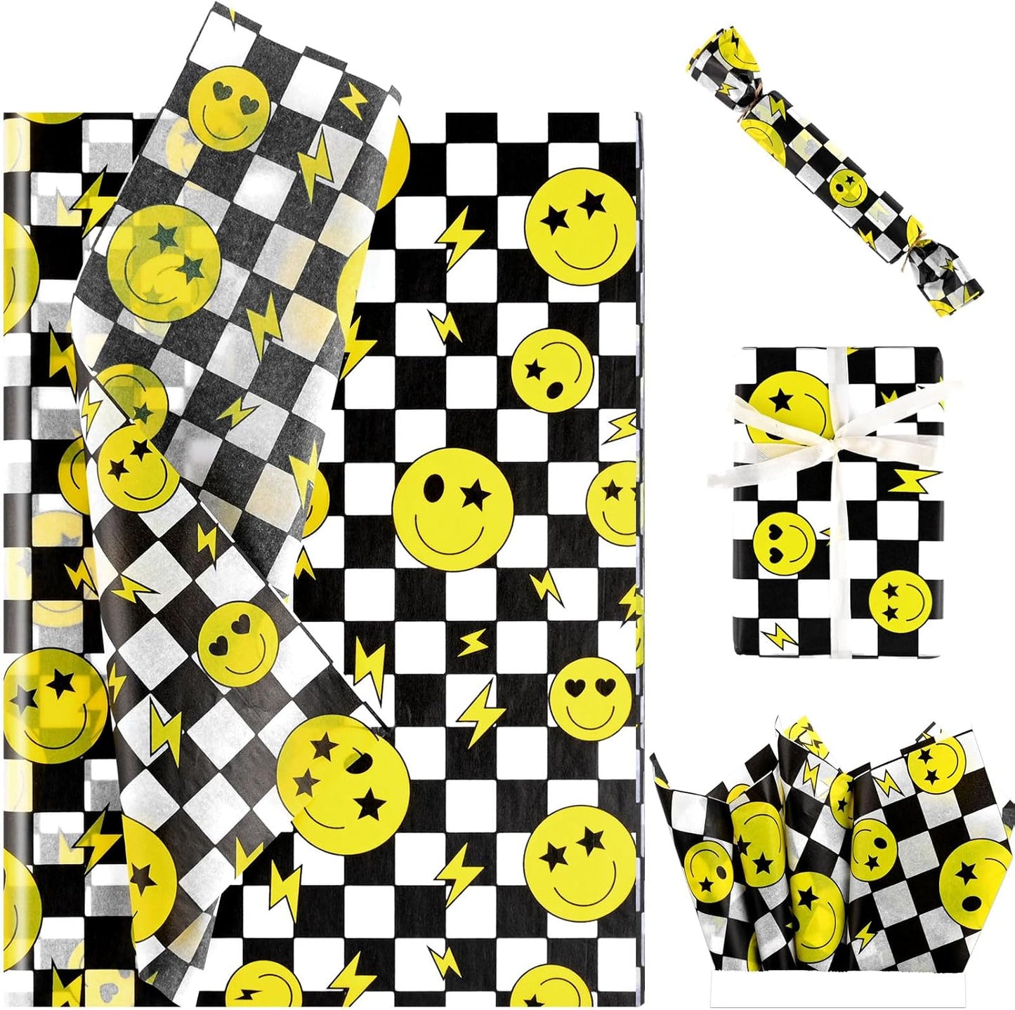 100 Sheets One Happy Dude Tissue Paper for Gift Bags, Black Yellow Smiley Faces Lightning Printed Wrapping Tissue Paper for Baby Shower Birthday Party DIY Crafts