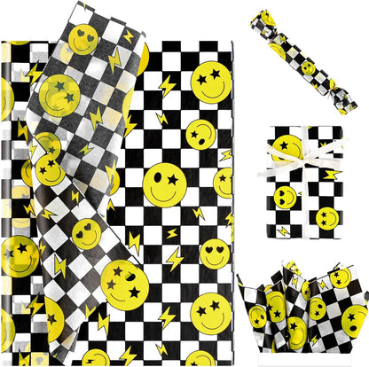 100 Sheets One Happy Dude Tissue Paper for Gift Bags, Black Yellow Smiley Faces Lightning Printed Wrapping Tissue Paper for Baby Shower Birthday Party DIY Crafts