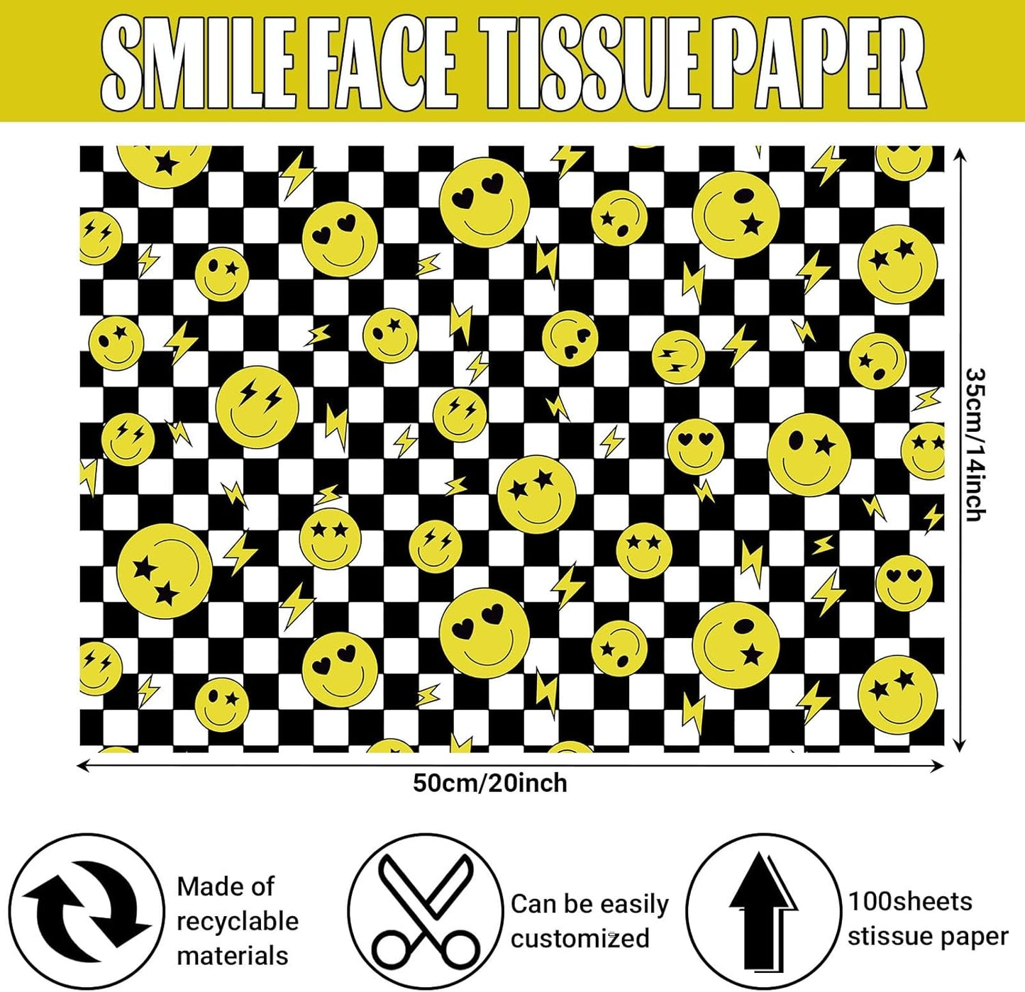 100 Sheets One Happy Dude Tissue Paper for Gift Bags, Black Yellow Smiley Faces Lightning Printed Wrapping Tissue Paper for Baby Shower Birthday Party DIY Crafts