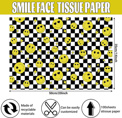 100 Sheets One Happy Dude Tissue Paper for Gift Bags, Black Yellow Smiley Faces Lightning Printed Wrapping Tissue Paper for Baby Shower Birthday Party DIY Crafts