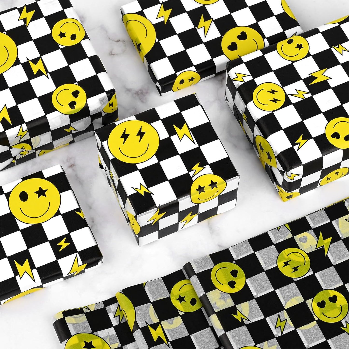 100 Sheets One Happy Dude Tissue Paper for Gift Bags, Black Yellow Smiley Faces Lightning Printed Wrapping Tissue Paper for Baby Shower Birthday Party DIY Crafts