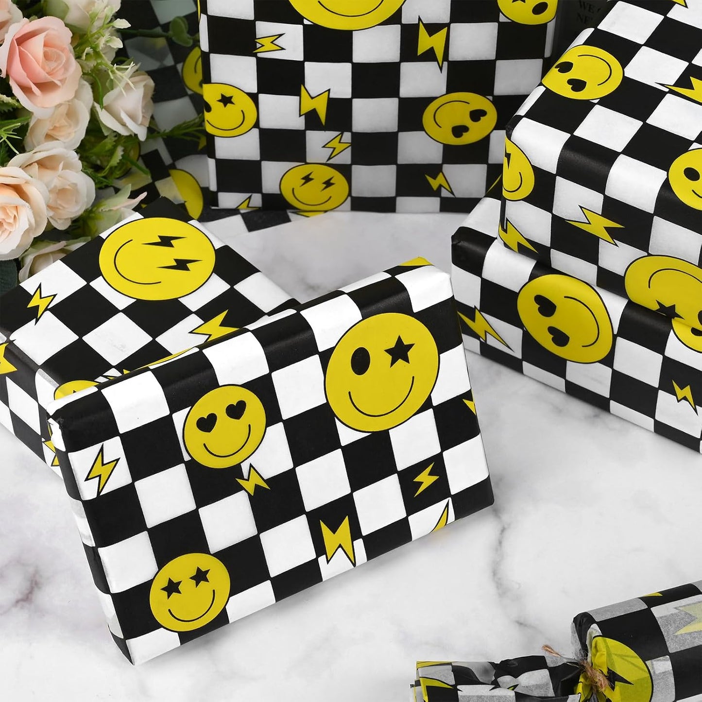 100 Sheets One Happy Dude Tissue Paper for Gift Bags, Black Yellow Smiley Faces Lightning Printed Wrapping Tissue Paper for Baby Shower Birthday Party DIY Crafts