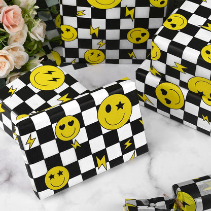 100 Sheets One Happy Dude Tissue Paper for Gift Bags, Black Yellow Smiley Faces Lightning Printed Wrapping Tissue Paper for Baby Shower Birthday Party DIY Crafts