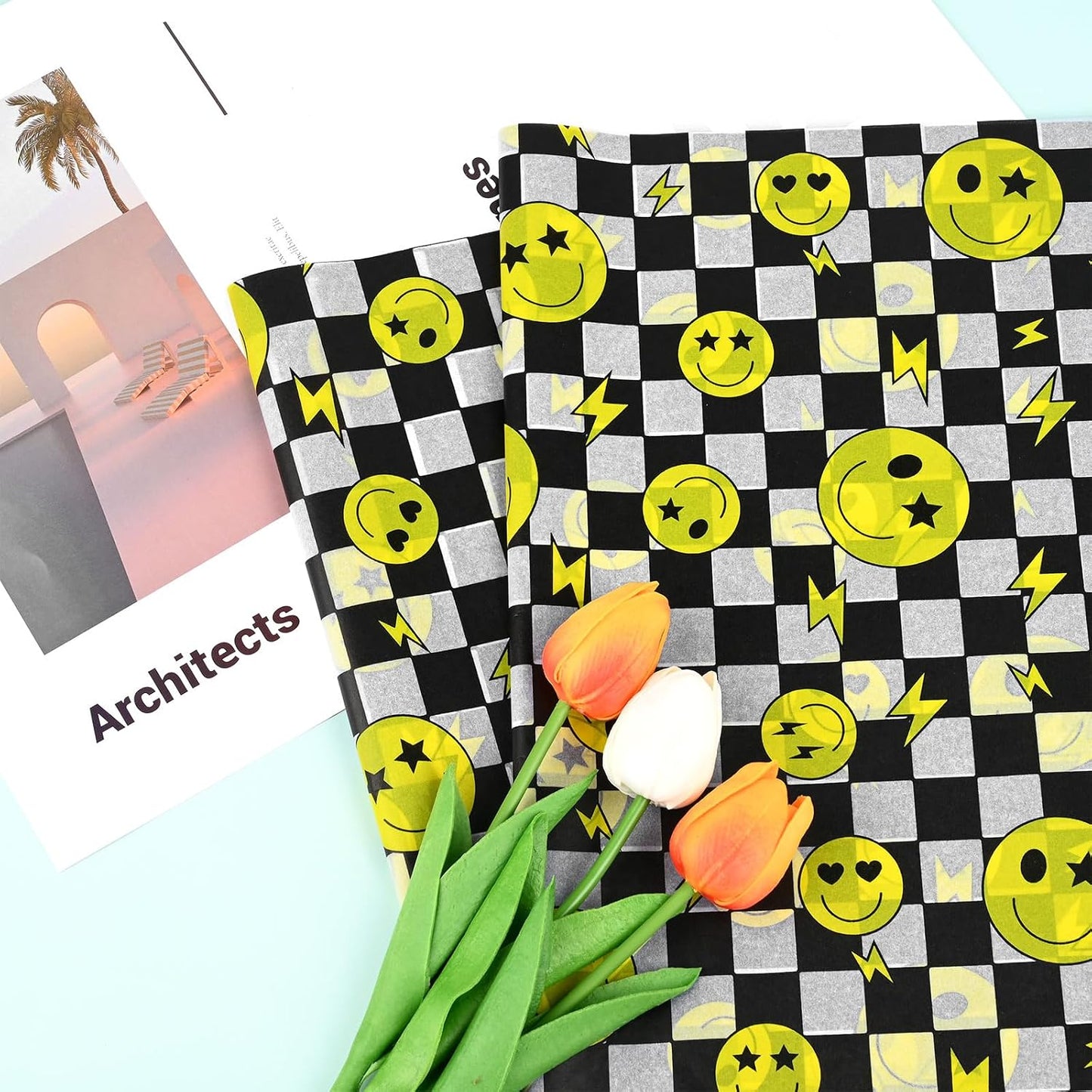 100 Sheets One Happy Dude Tissue Paper for Gift Bags, Black Yellow Smiley Faces Lightning Printed Wrapping Tissue Paper for Baby Shower Birthday Party DIY Crafts