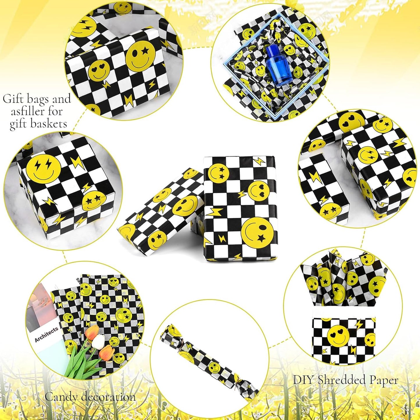 100 Sheets One Happy Dude Tissue Paper for Gift Bags, Black Yellow Smiley Faces Lightning Printed Wrapping Tissue Paper for Baby Shower Birthday Party DIY Crafts