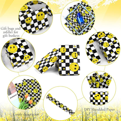 100 Sheets One Happy Dude Tissue Paper for Gift Bags, Black Yellow Smiley Faces Lightning Printed Wrapping Tissue Paper for Baby Shower Birthday Party DIY Crafts