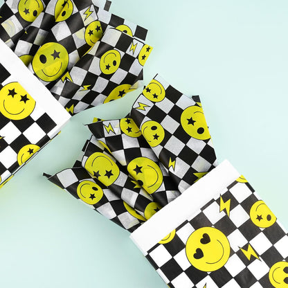 100 Sheets One Happy Dude Tissue Paper for Gift Bags, Black Yellow Smiley Faces Lightning Printed Wrapping Tissue Paper for Baby Shower Birthday Party DIY Crafts